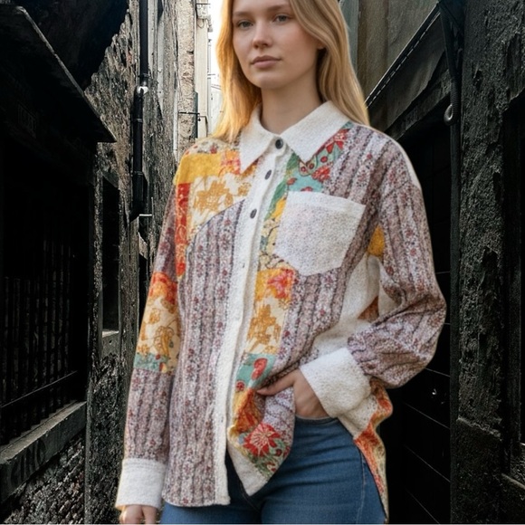 POL Tops - POL Textured White Eyelet Lace Patchwork Button-Up Shirt